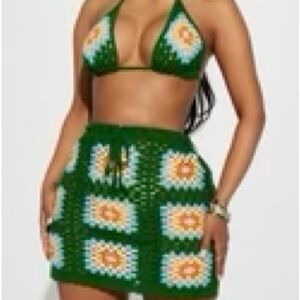 Fashion Nova Green Crochet Mini Skirt with Floral Squares